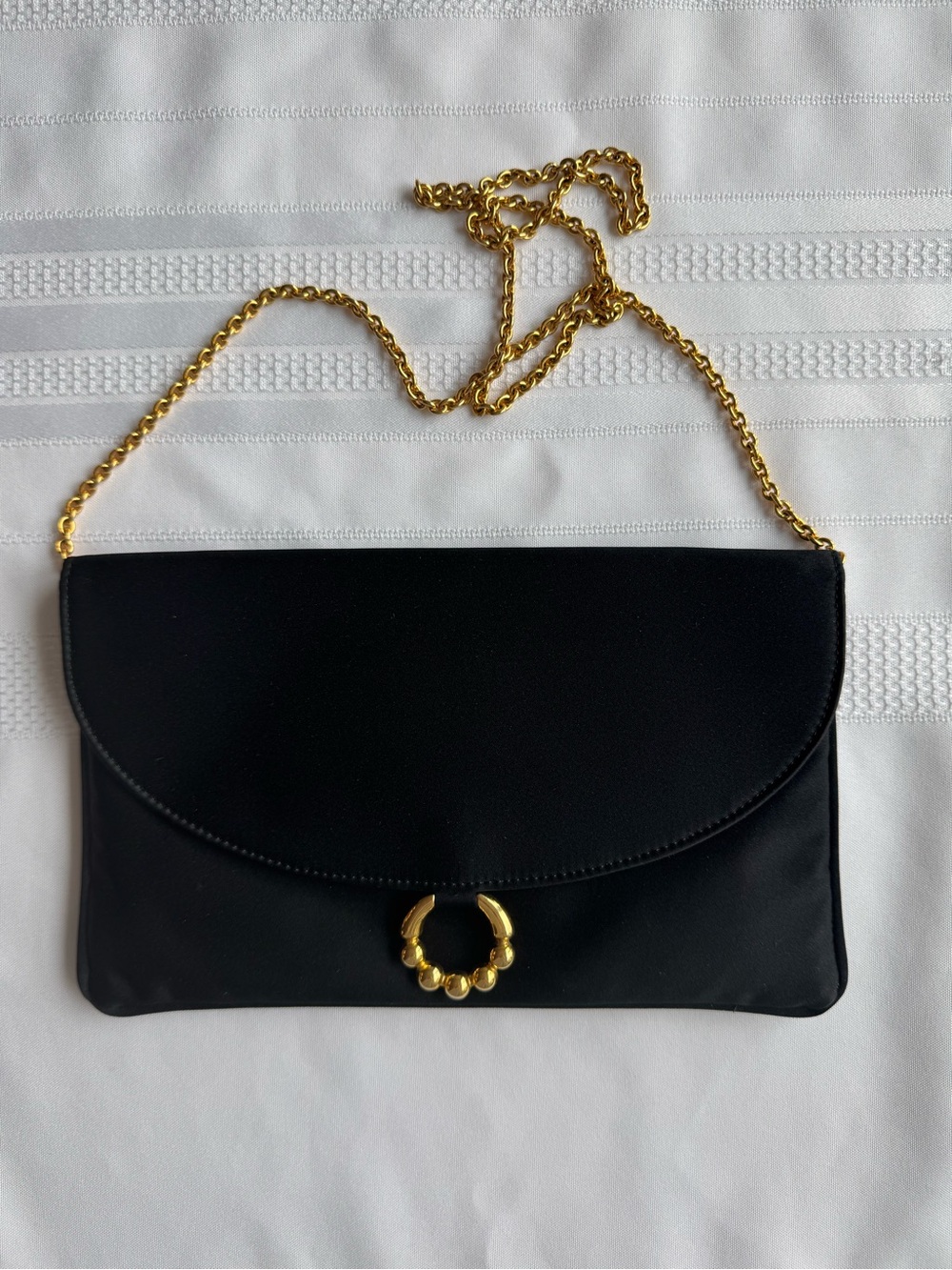 Vintage Rodo Satin Black Evening Clutch Shoulder Purse Gold Chain Strap Italy